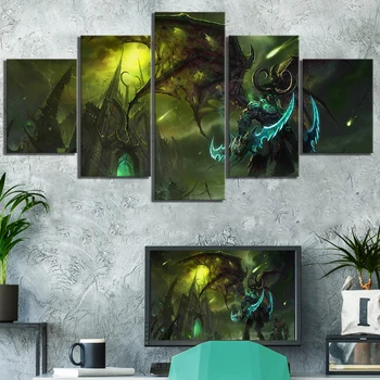 

5 Piece Canvas Paintings World of Warcraft Illidan Stormrage Video Game Poster Wall Art for Home Decor