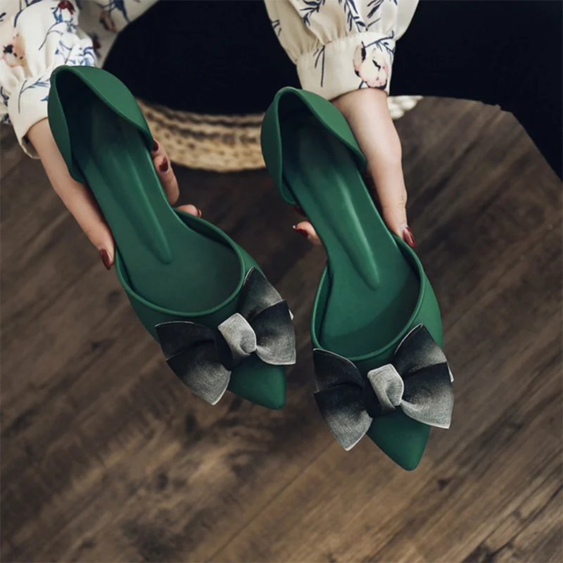 Осенняя женская обувь; туфли-лодочки без застежки с бантом; женские прозрачные туфли с острым носком; удобная женская обувь на среднем каблуке - Цвет: green