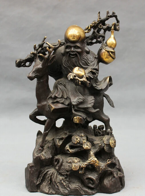 

S5138 11" Chinese Pure Bronze Gilt Longevity God Hold Peach Ride Deer Pine Tree Statue D0318