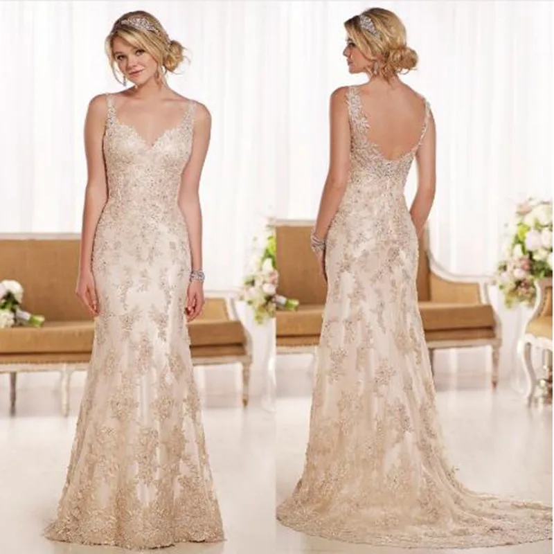 Bridal Dress Wedding Dress Charming V Neck Crystals Lace Gowns Trumpet Style Low Back Champagne Romantic 2017