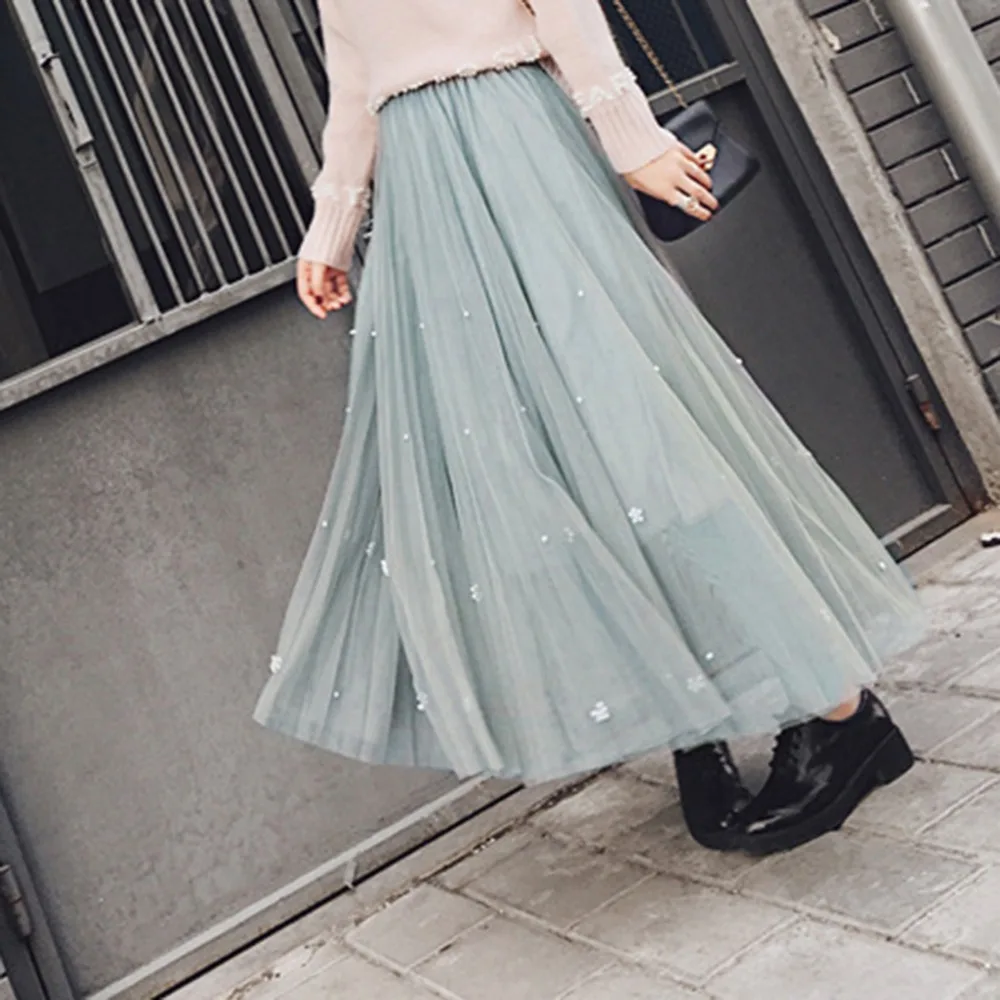 Женская многослойная сетчатая длинная фатиновая юбка с завышенной талией, украшенная цветком из искусственного жемчуга, однотонные вечерние юбки трапециевидной формы