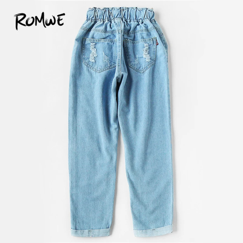 ROMWE Ripped Cuffed Jeans Women Blue Offset Printing Drawstring Mid Waist Denim Pants Fashion Casual Pockets Cropped Jeans