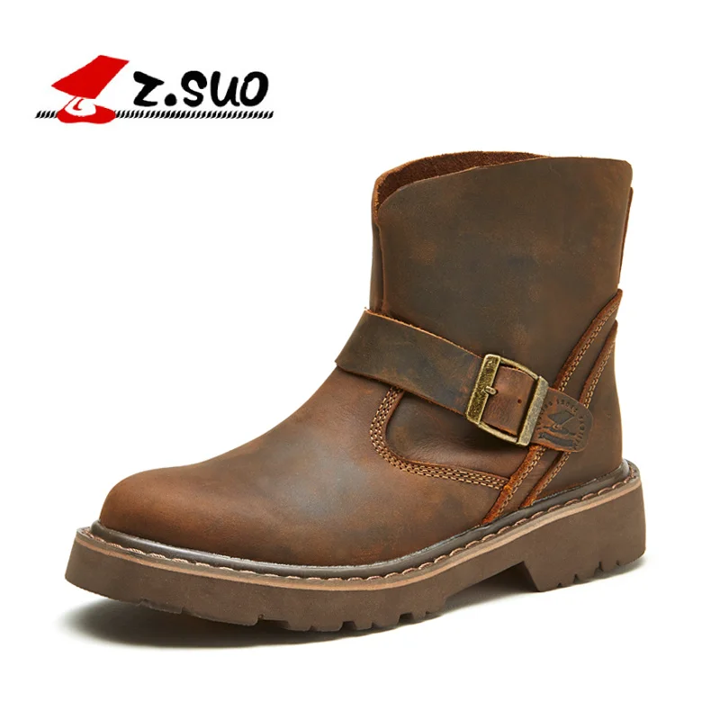 

Z.SUO Brand 1308 Retro Crazy Horse Leather Knight Boots Classic Buckle Women's Martin Boots Round Toe Square Heel Riding Boots