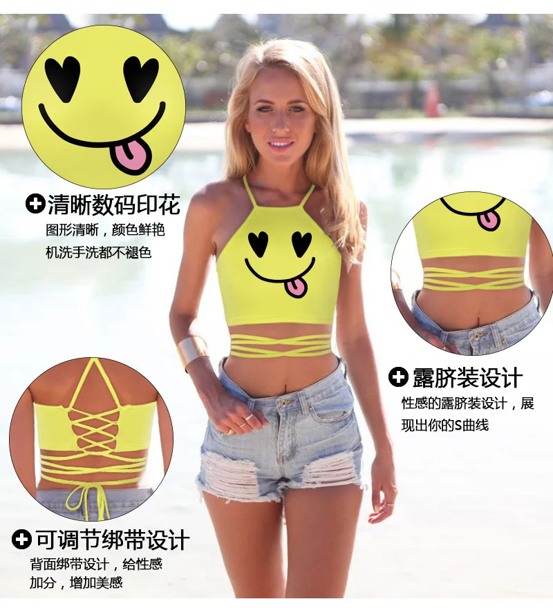 

European and American cartoon funny expression, smiling face, printed print, navel, open back, coat, beach hanging waistcoat, sm