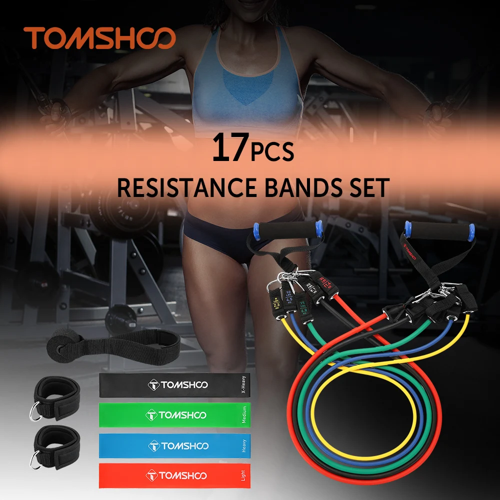 

TOMSHOO 17Pcs Resistance Bands Set Workout Fintess Exercise Rehab Bands Loop Bands Tube Bands Door Anchor Ankle Straps Cushioned