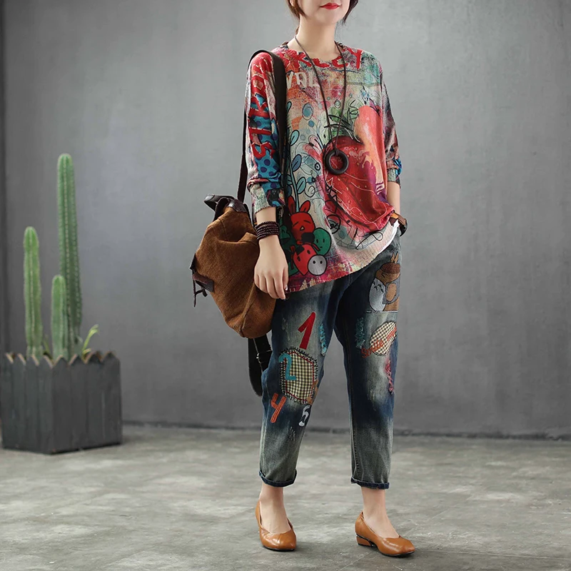 

2019 Retro Knitting Soft Loose Cartoon Printing Women Sweaters tops O neck Long Sleeve Pull Femme Solid Pullover Female ABz40