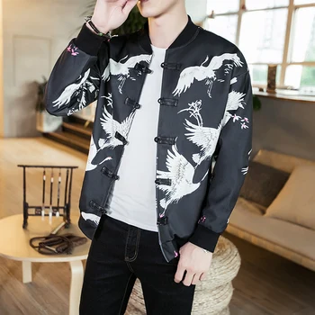 

2018 New Jacket Coat Men White Crane Printing Black Mens Outerwear Traditional Chinese Design Clothing Fashion Man's Jackets