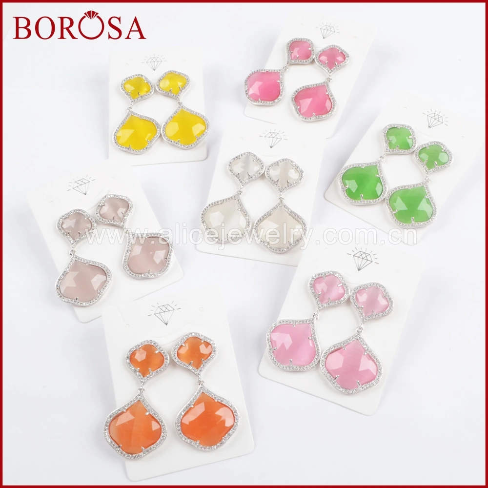 

BOROSA 5Pairs Silver CZ Micro Pave Crystal Manmade Cat Eye Charms Earrings Dangle Earrings Multicolor Jewelry Earrings WX872