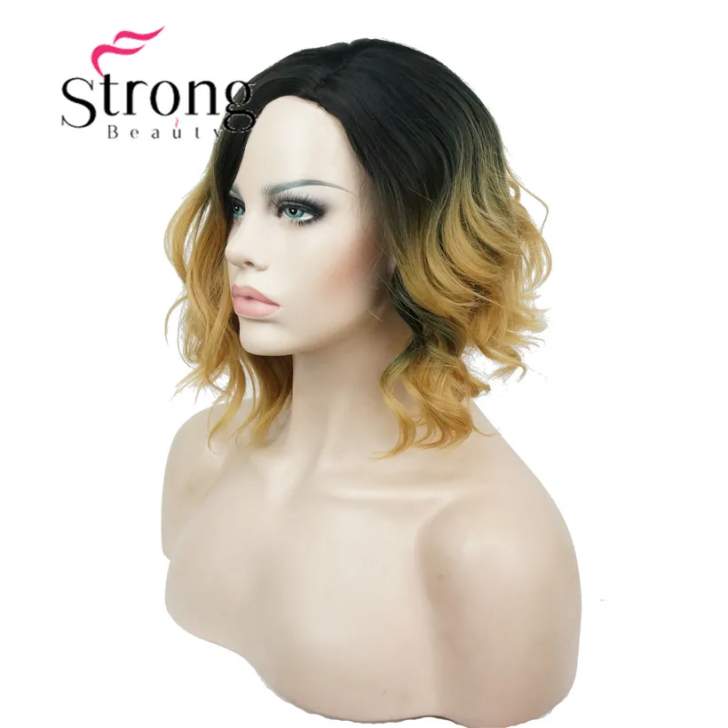 StrongBeauty короткий натуральный волнистый черный/желтый Омбре два тона Высокая Тепло ОК полный синтетический парик женские парики