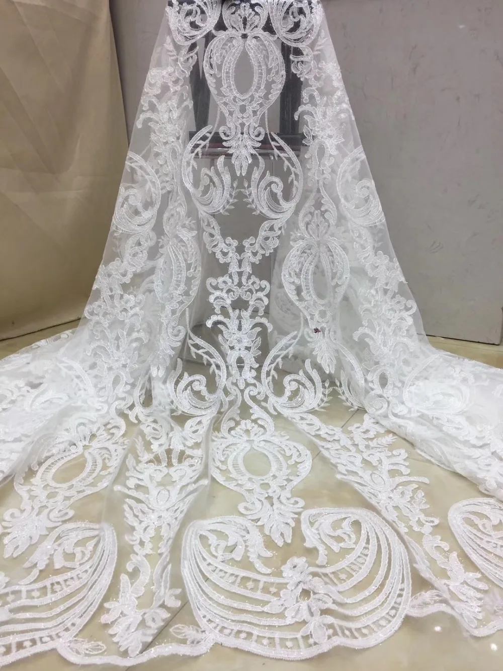

French lace fabric 5yds/pce dhl white sequins fabrics women bright gorgeous luxury party event dresses 2019 new high quality