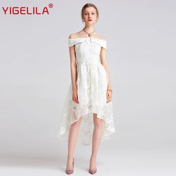 

YIGELILA 2019 Latest Summer Women Fashion Slash Neck Off Shoulder Empire Long White Beach Mesh Lace Dress 62716