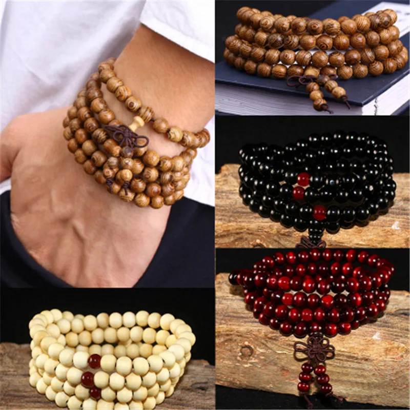 

108 Beads 8mm Natural Sandalwood Buddhist Buddha Wood Prayer Beaded Knot Black Ebony Unisex Men Bracelets & Bangles For Women