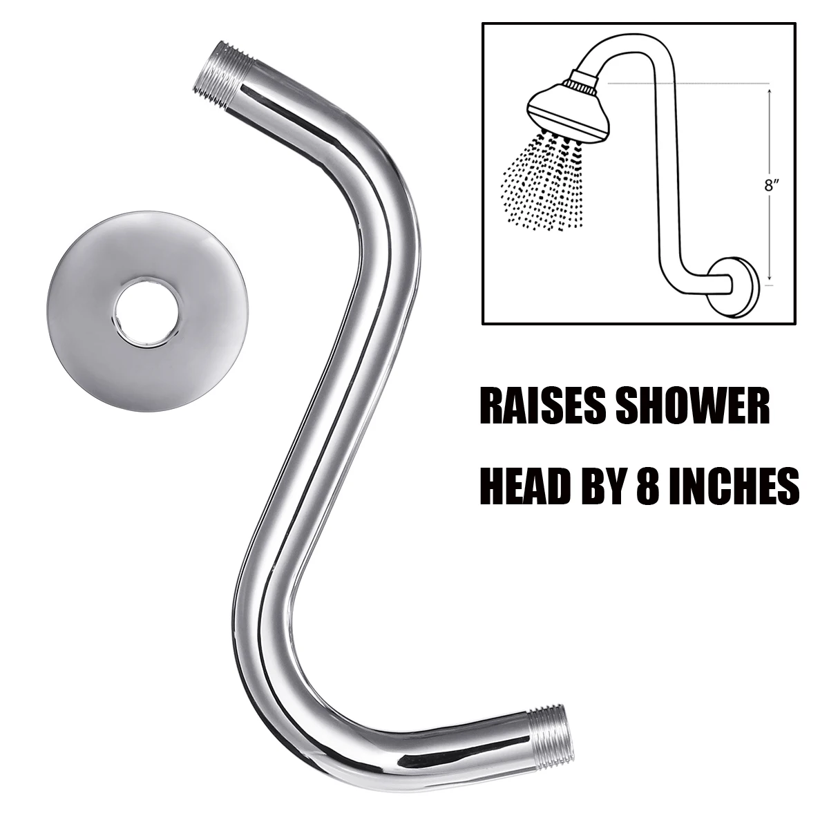 8" High Rise Extension S Curved Goose Neck Shower Arm Chrome Plated for
