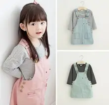 2016 Spring Autumn New Girl Sets Stripe T-shirts+Denim Suspender Dress 2 Piece Fashion Outfits Children Clothes 2-7T 7215