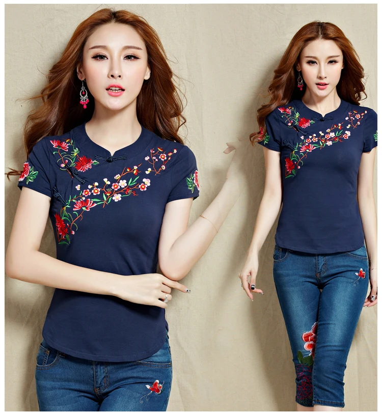 Китайская Этническая женская футболка с вышивкой, хлопок, плюс размер, летние топы с коротким рукавом, футболки, одноцветная белая женская одежда