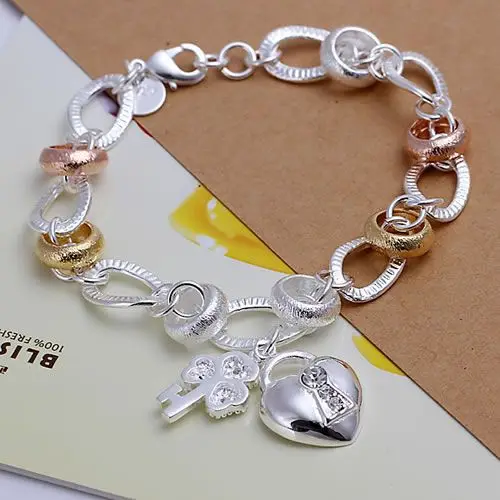 

H233 925 silver bracelet, 925 silver fashion jewelry Heart Lock and Flower Key Bracelet /azsajqza awgajnna