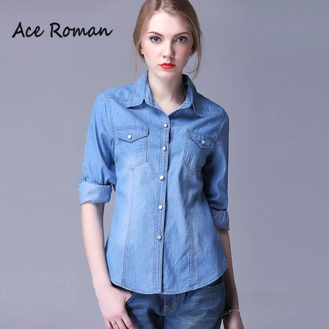 New Women's Denim Blouses 2016 Blue Jeans Shirts Blouse