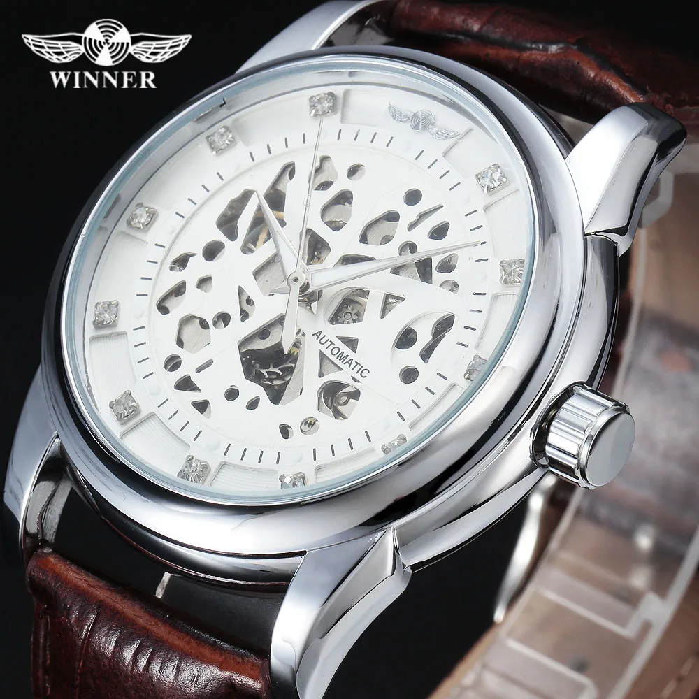 Winner Royal Diamond Design White Silver Watch Montre Homme Mens