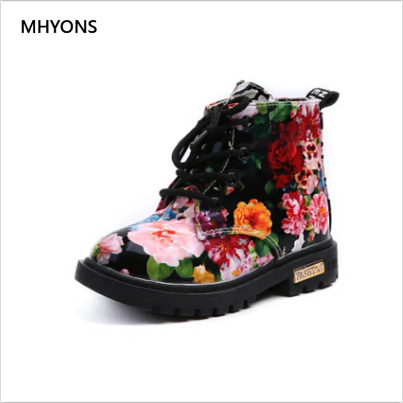 black Mhyons/милые ботинки для девочек Новая мода Элегантный цветочный Цветочный принт обувь для детей детские ботинки Martin Повседневное кожа Детские ботинки - Цвет: black