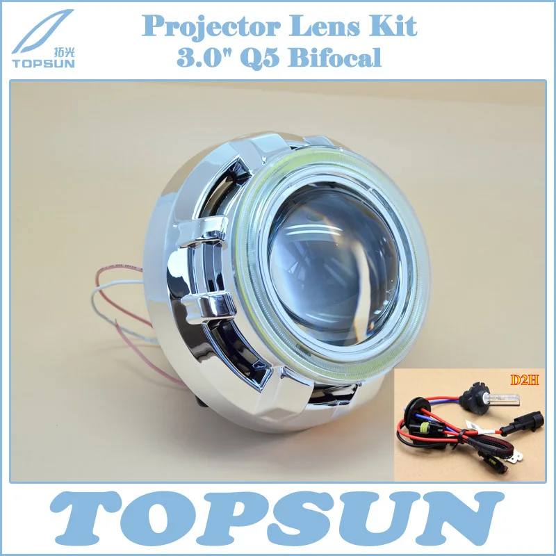 GZTOPHID H4 Projector Lens 3 Inch Q5 Koito Bifocal with Cnlight 35W HID D2H bulb, Super Bright COB Angel Eyes and Shroud