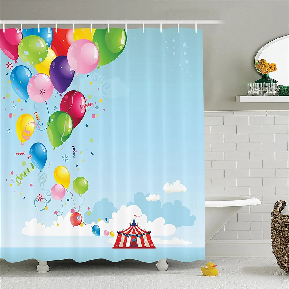 Circus Decor Shower Curtain Set Circus Tent And Balloons Clouds Horizon Fantasy Party Entertainment  Bathroom Accessories