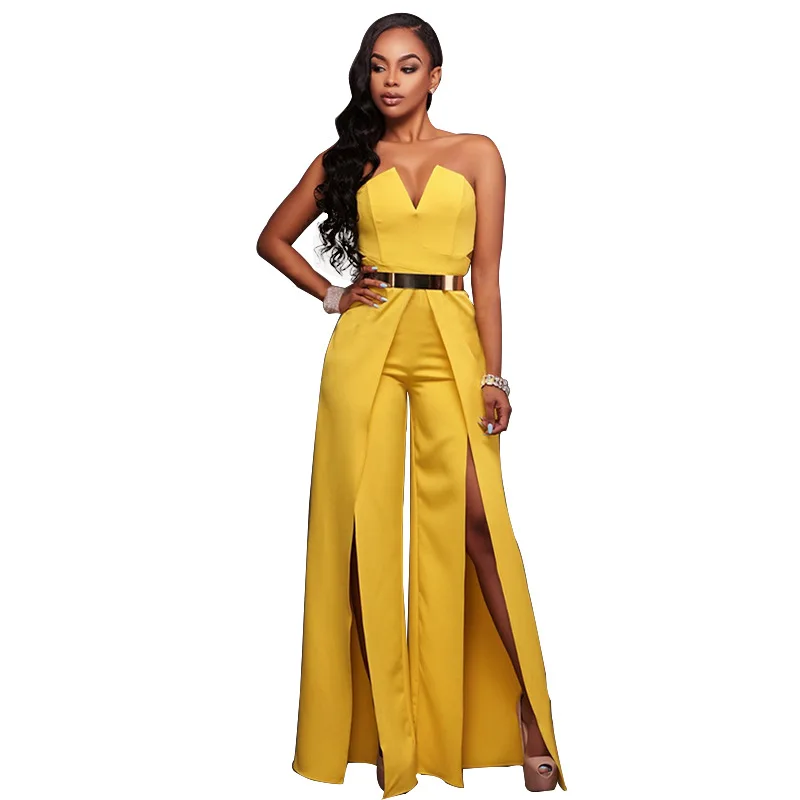 Adogirl 5 colors women wide leg high split strapless jumpsuits sexy full length sleeveless party suits bust split bandage set
