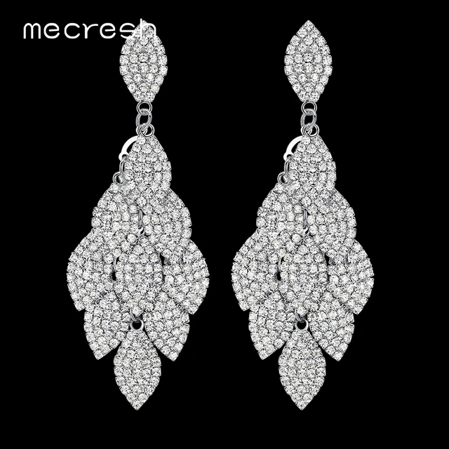 Mecresh Crystal Wedding Long Earrings Silver Color Leaf Shape Mecresh Crystal Wedding Long Earrings Silver Color Leaf Shape Rhinestone Bridal Bridesmaid Party Prom Jewelry