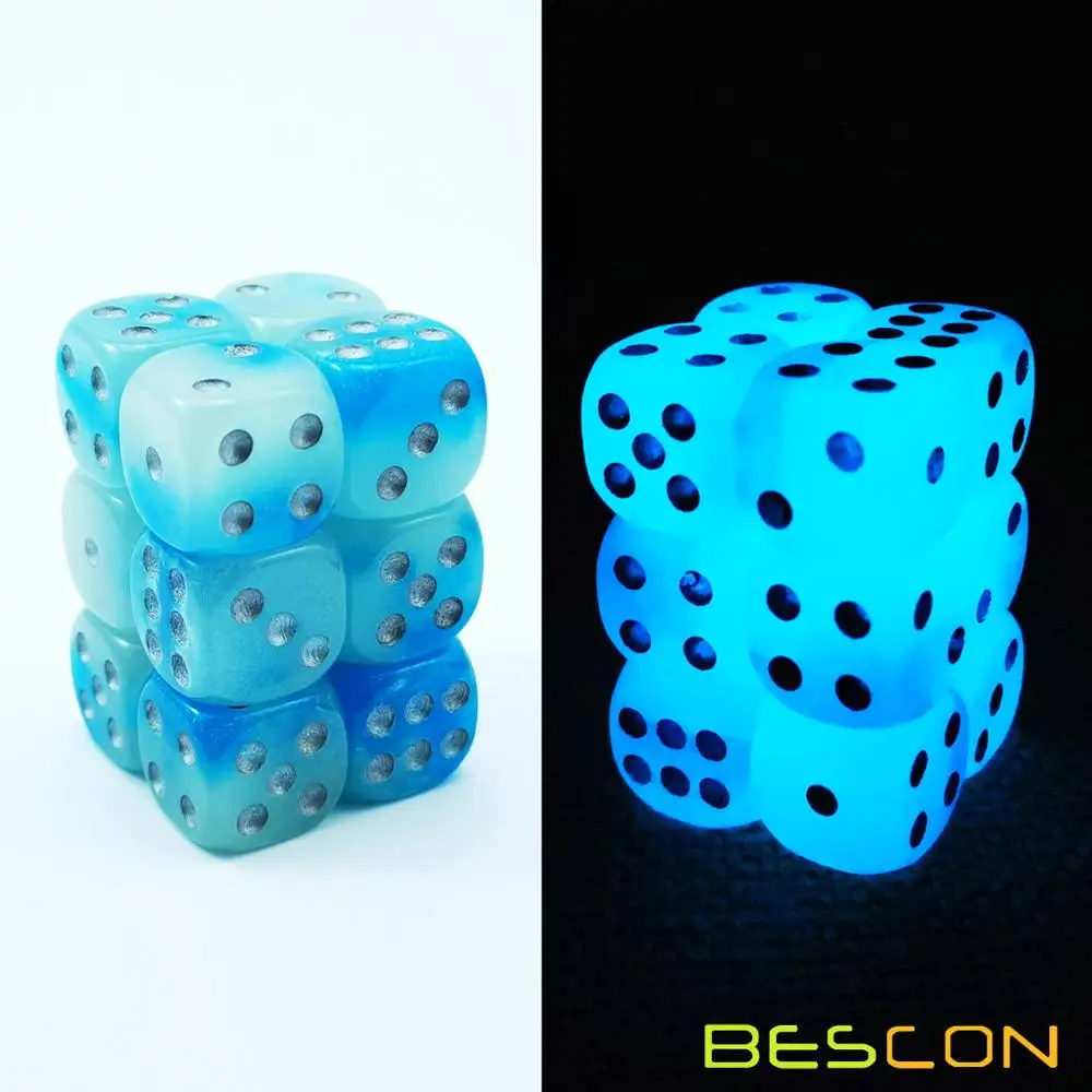 Bescon Two Tone Glowing Dice D6 16mm 12pcs Set of ICY ROCKS, 16mm Six Sided Die (12) Block of Glowing Dice 6