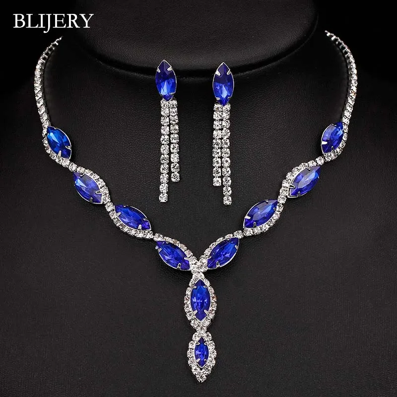 BLIJERY Fashion Pink Crystal Prom Wedding Jewelry Sets for Women Accessories Floral Tassel Necklace Earrings Bridal Jewelry Sets