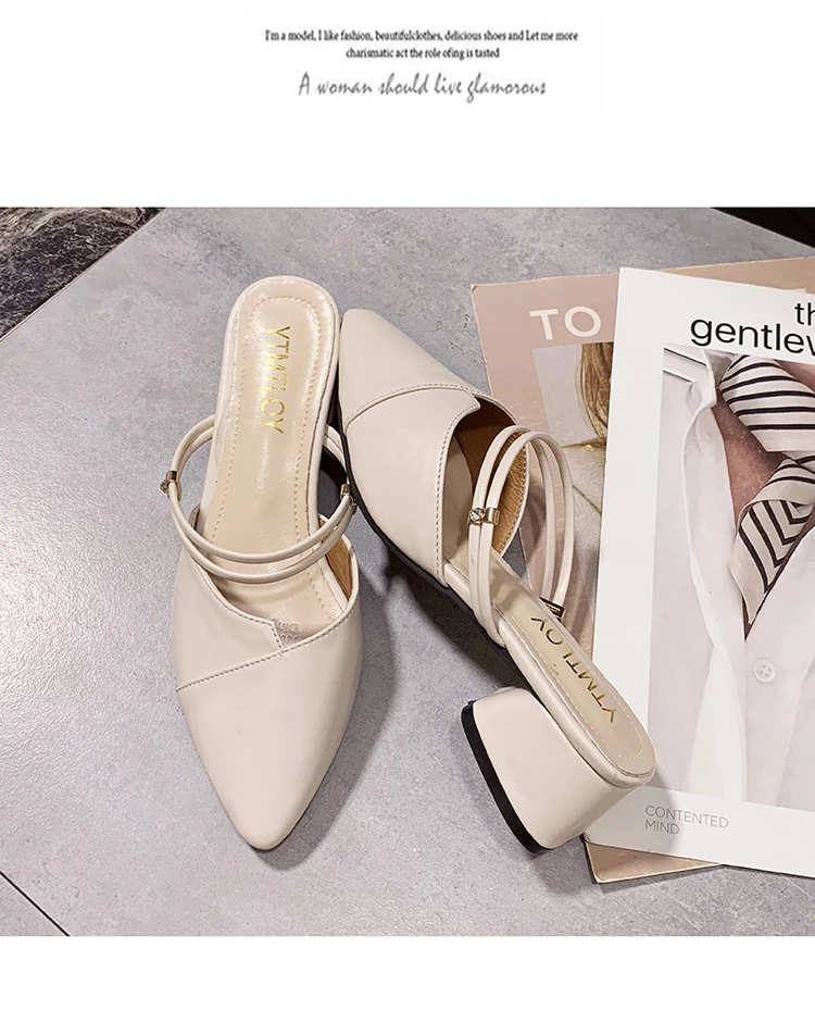 Party Women Mules Slipper Pointed Toe Block Strap Closed Shallow High Heels Shoes Sandals Black Beige Square heel Pumps