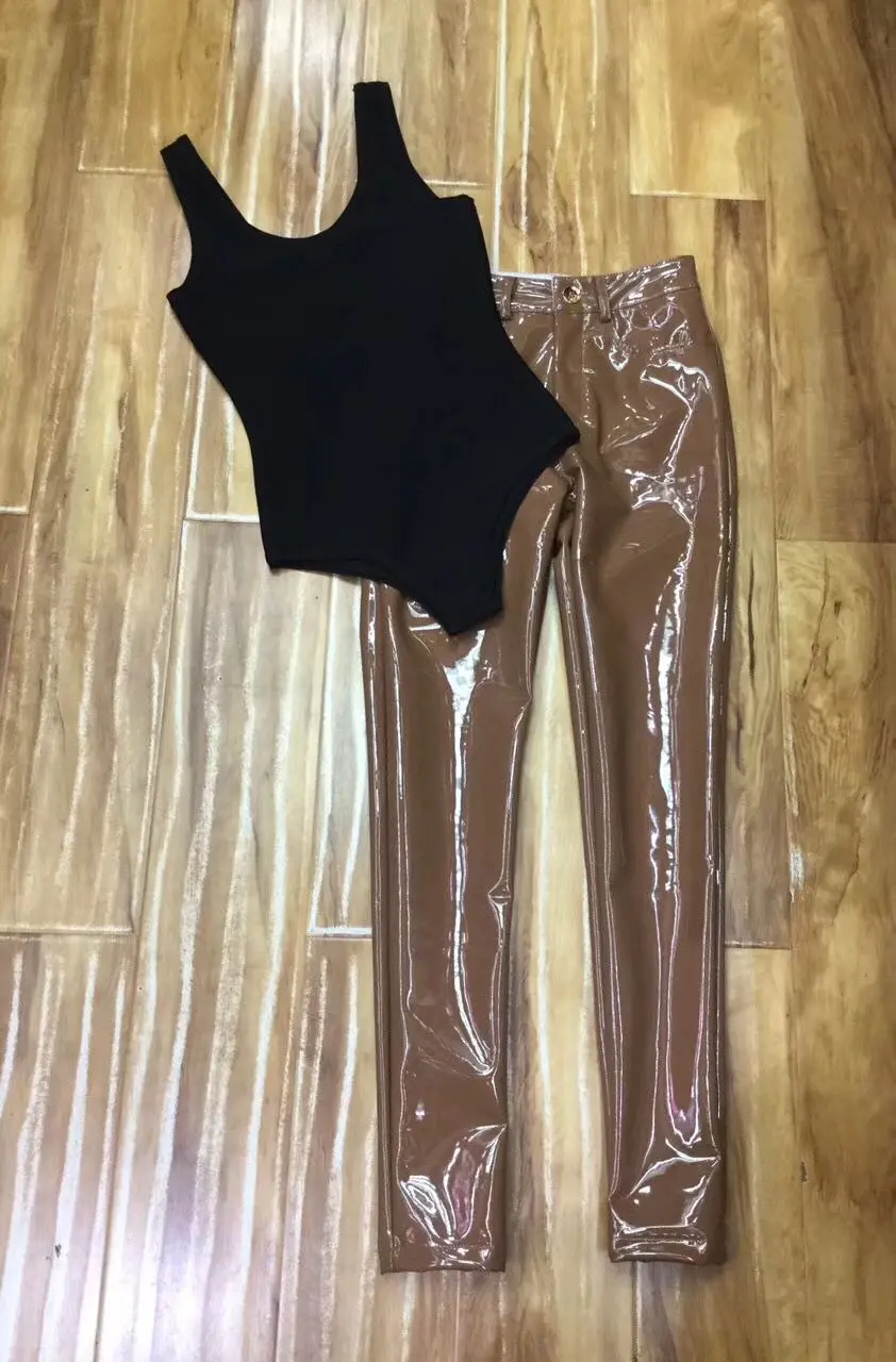 Женские модные сексуальные кожаные брюки трикотажные облегающие дизайнерские брюки-карандаш