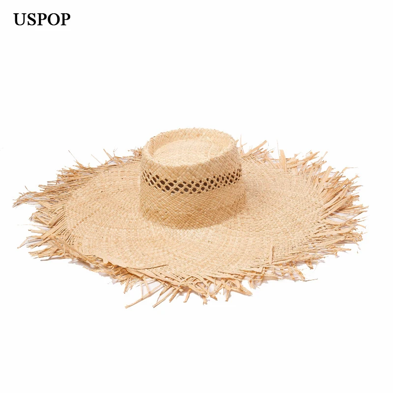 

USPOP 2019 summer hats raffia sun hats for women hand made hollow out straw hat wide brim rough edges beach hat casual shade