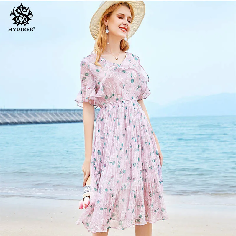 Print Sexy Summer Dress Beach Irregular Knee Length Pleated Dress Women