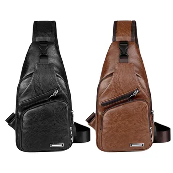 

Elisona PU Leather Sling Chest Shoulder Bag Pouch Backpack with USB Charging Earphone Port for Outdoor Travel Hiking Running