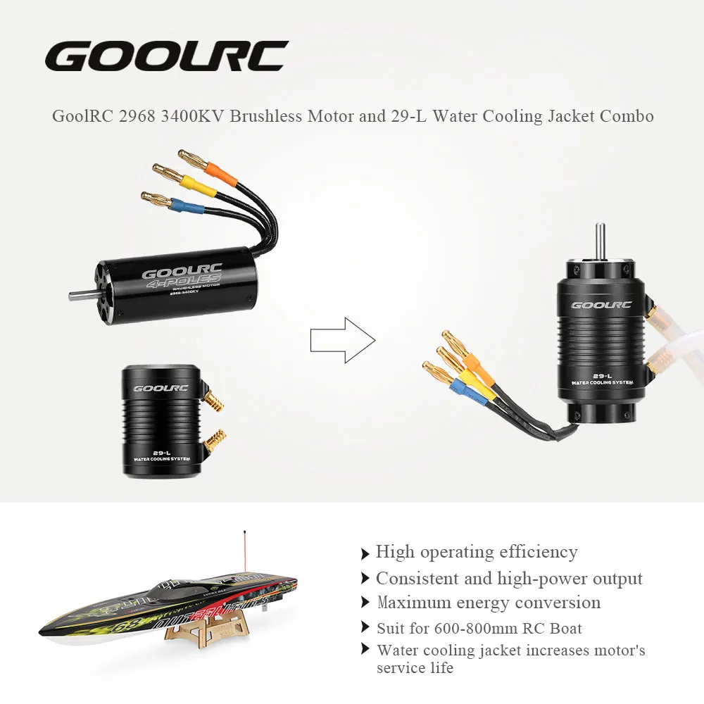 

Original GoolRC 2968 3400KV Brushless Motor and 29-L Water Cooling Jacket Combo Set for 600-800mm RC Boat