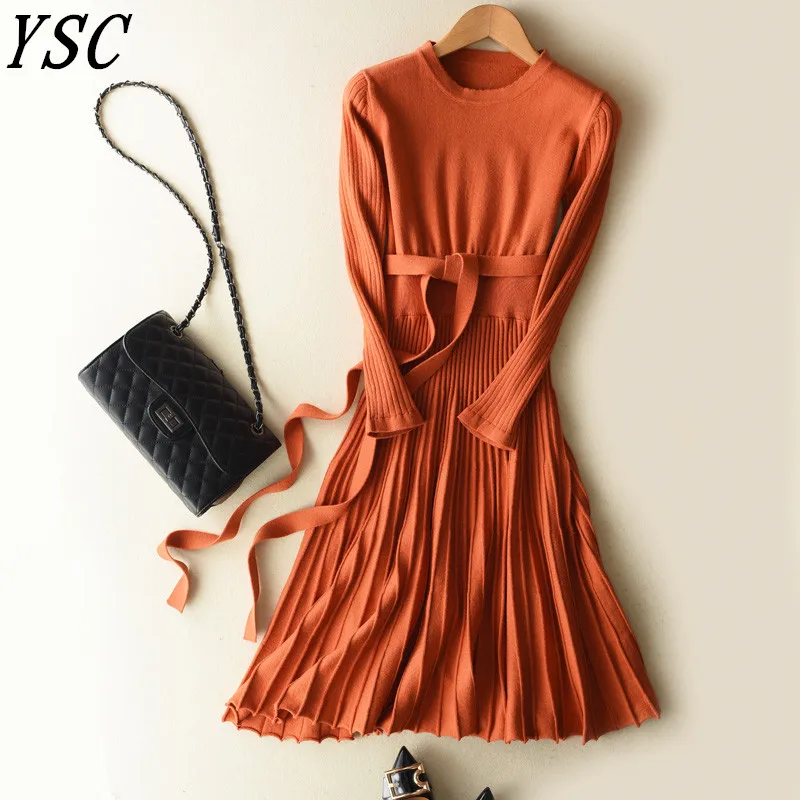 

2018 spring Latest style Women's Knitted Cashmere Wool Dress Long style Solid color Round collar A Pleated Dress Free Shipping