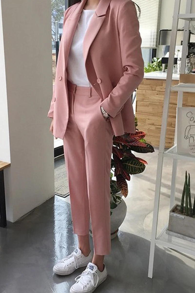 Women's high quality suit set 2019 autumn new double-breasted suit jacket loose casual straight pants two-piece suit female