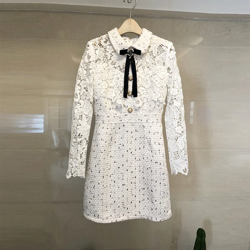 

HAMALIEL Vestidos Autumn Women Party Dress Vintage White Lace Patchwork Tweed Beading Bow Dress Fashion Slim Hollow Out Dress