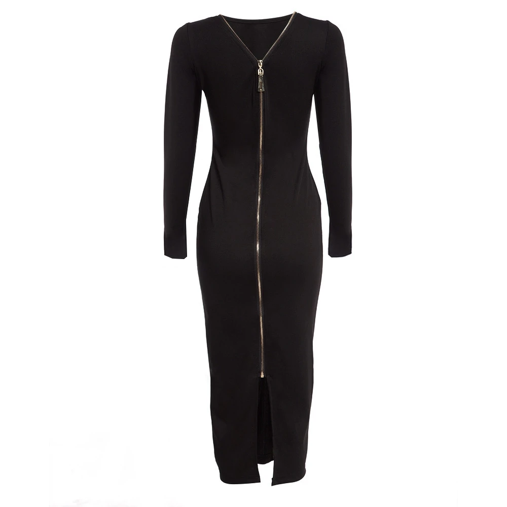 VESTLINDA Bodycon Sheath Dress Little Black Long Sleeve Party Dresses Women Back Full Zipper Robe Sexy Femme Pencil Tight Dress 2
