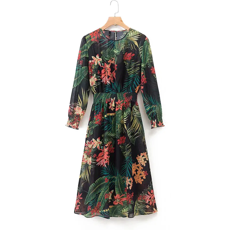 

Summer Chiffon Dress Women Retro Dress Elegant Wrist Sleeve A-Line Leaf Flower Printed Dresses Famale Clothing Two-piece Set