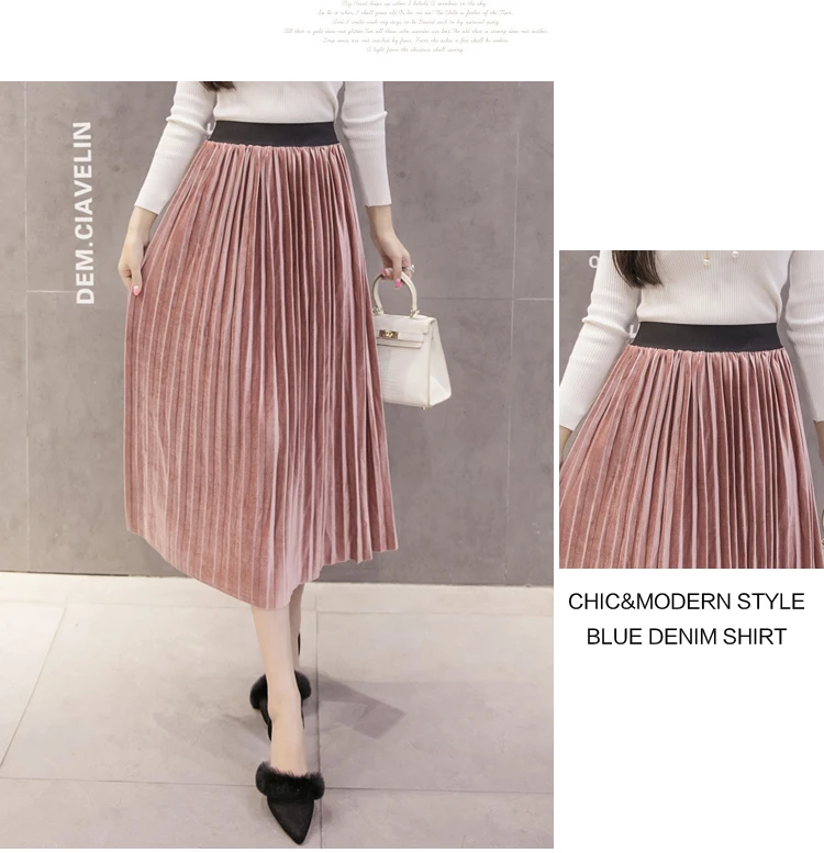 pleated midi skirt New 2019 Autumn Winter Elastic High Waist Skirt Solid Casual Pleated Skirts Womens Striped Jupe Femme Velvet Saias Midi Skirt cute skirts