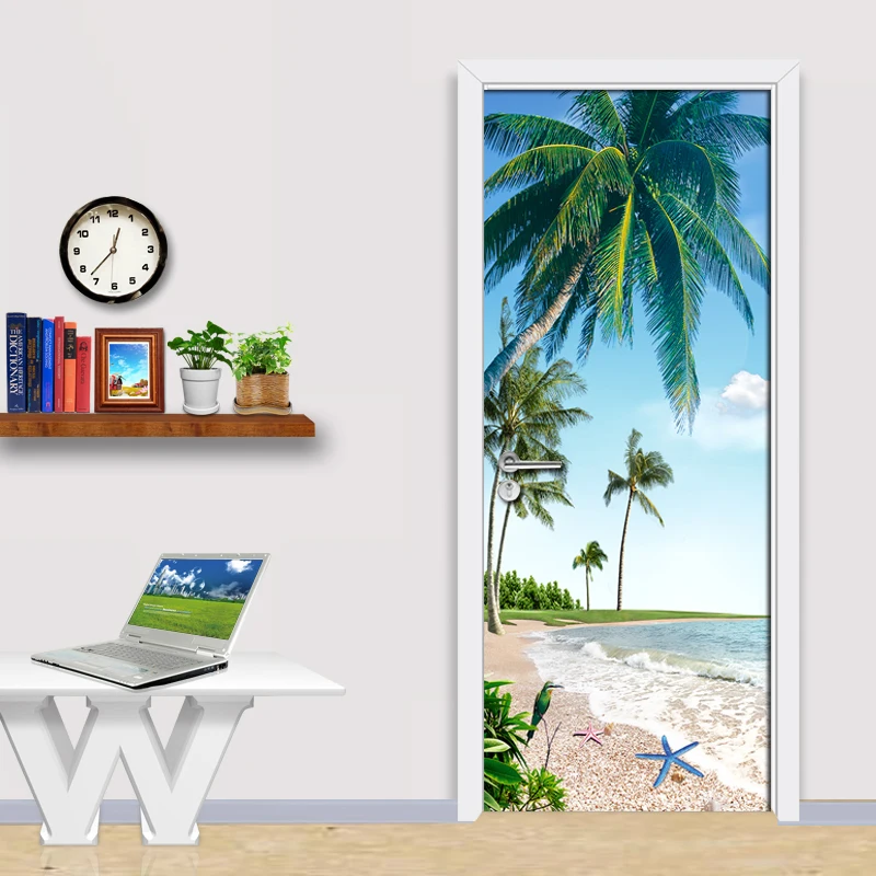 Современные Гостиная дверь украшения Стикеры росписи ПВХ Водонепроницаемый Стикеры Мальдивы морской кокосовой пальмы фото 3D двери обои
