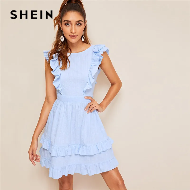 SHEIN сексуальное платье с бантом и многослойной оборкой, с открытой спиной, Пастельное синее женское платье с круглым вырезом и высокой талией, однотонное летнее платье без рукавов