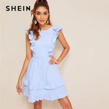 SHEIN сексуальное платье с бантом и многослойной оборкой, с открытой спиной, Пастельное синее женское платье с круглым вырезом и высокой талией, однотонное летнее платье без рукавов