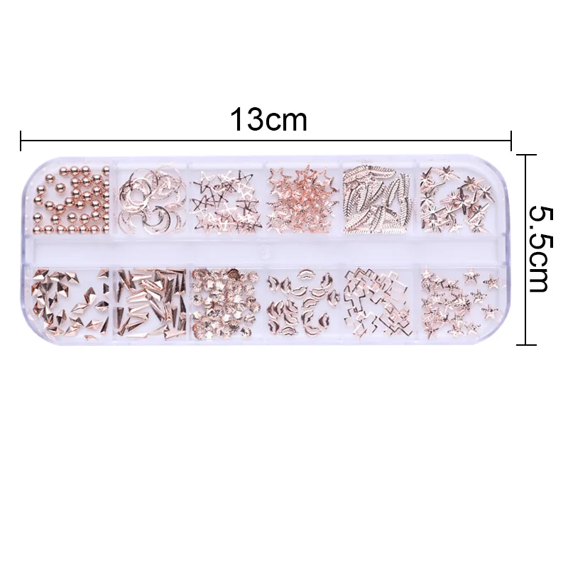 1 коробка из розового золота, сплавные гвозди, геометрические круглые звезды, круглые крест, листья, морская звезда, ракушка, роза, 12 сеток, 3D украшение для ногтей