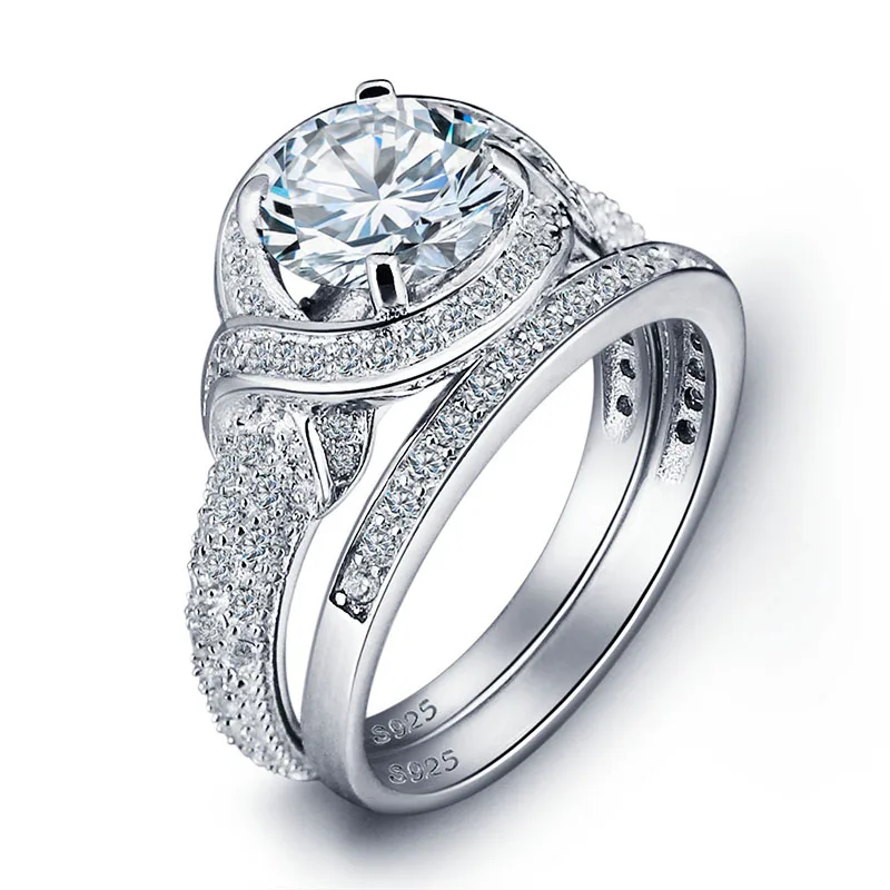 

COLORFISH Prongs and Channel Set 2 Carat Sona Engagement Ring Set Luxury Women Jewelry Real 925 Sterling Silver Female Ring Sets