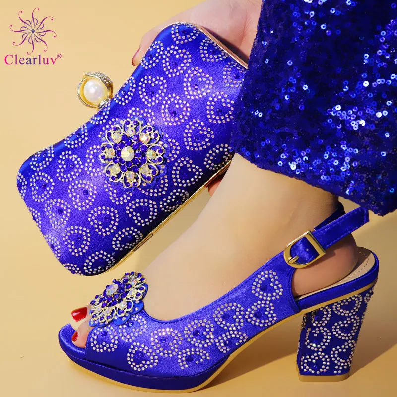 

beautiful blue color Italian Shoes With Matching Bag High Quality Italy Shoe And Bag set For wedding and party