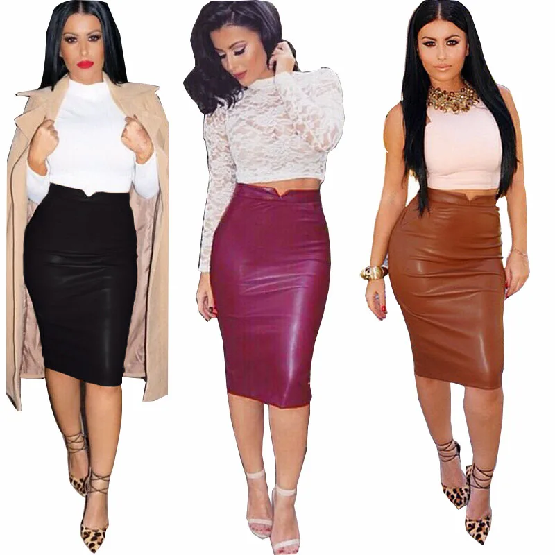

womens midi pu leather skirt pencil bodycon faldas mujer moda 2018 jupe femme streetwear femme hiver spring autumn winter skirts