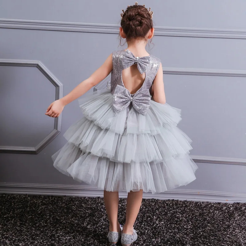 Нарядное фатиновое платье принцессы с цветами и блестками для девочек; цвет шампанского, серый, розовый, фиолетовый детское платье для вечеринки, дня рождения, свадьбы От 3 до 12 лет; BW011