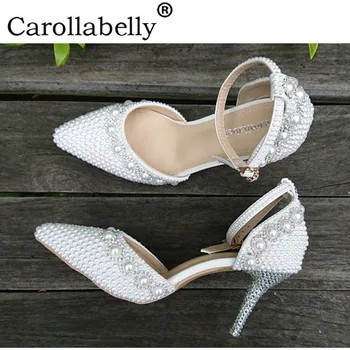 

Rhinestone Wedding Shoes For Women New Design High Heels Flowers Pearls Anklet Woman Shoes Dress Proms Party Sweet Pumps